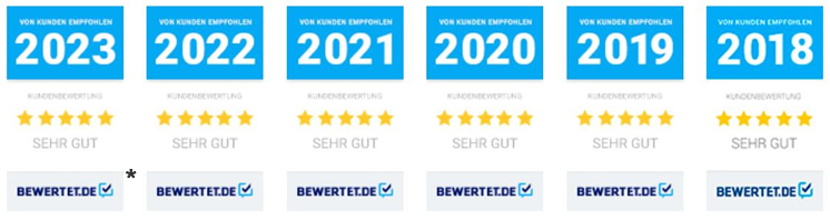 Bewertet.de – Kundenbewertung „Sehr gut“ 2018 bis 2023